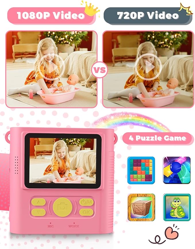 Kids Camera Instant Print, Christmas Birthday Gifts Girls Boys Aged 3-12, HD Digital Video Cameras Toddler, Instant Cameras for 3 4 5 6 7 8 9 10 Year Old Girls Boys with Print Paper