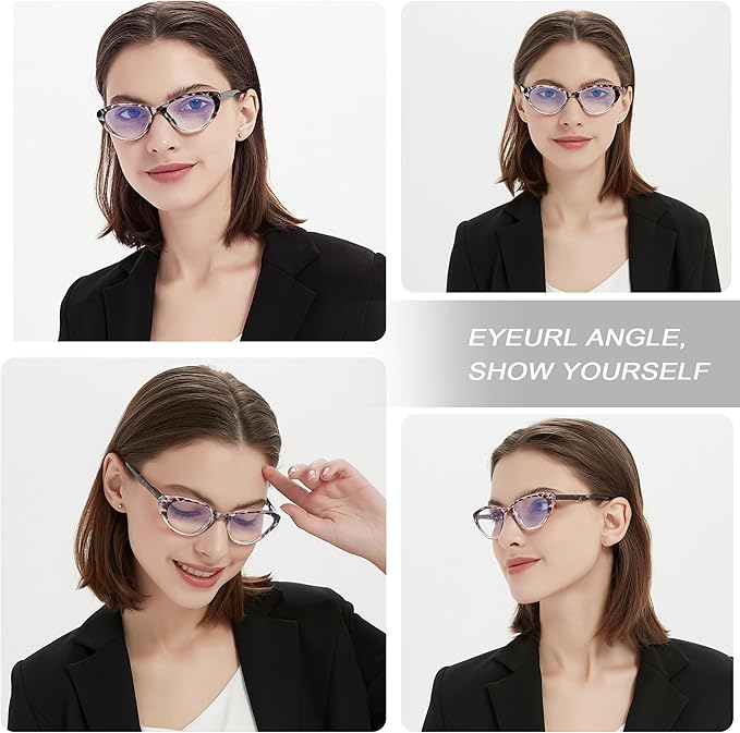 EYEURL Cat Eye Reading Glasses for Women 2 Pair Blue Light Blocking Readers 0.75 Comfort Spring Hinge Lightweight Eyeglasses Anti Glare for Ladies