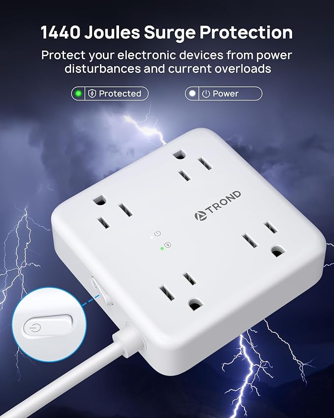 TROND Surge Protector Power Strip with USB Ports, 10ft Flat Plug Extension Cord with Multiple Outlets, 1440J, Wall Mount for Home Office Dorm Room Essentials, White