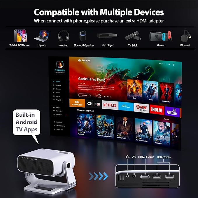 Smart Projector with WiFi 6 and Bluetooth Built-in Apps - 4K Support Portable Bedroom Mini Projector Native 1080P , 2025 New Auto Keystone & Zoom Home Theater Cinema Movie Proyector, 120° Stand