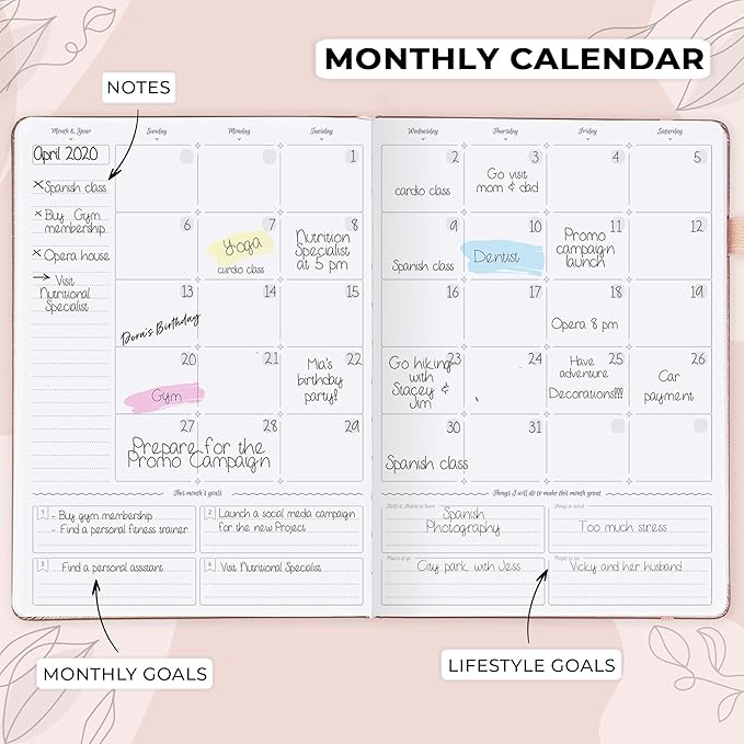 GoGirl Planner PRO Schedule - Undated Planner with Hourly Time Slots, Monthly, Weekly & Daily Organizer, Appointment Book for time Management, 7"x10" Hardcover, Lasts 1 Year - Rose Gold