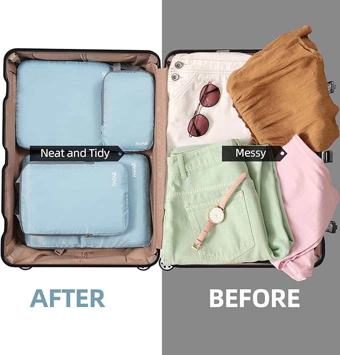 BAGAIL 4 Set/6 Set/8 Set Compression Packing Cubes Travel Accessories Expandable Packing Organizers (Cloth Pattern, 4-Dusty Blue)
