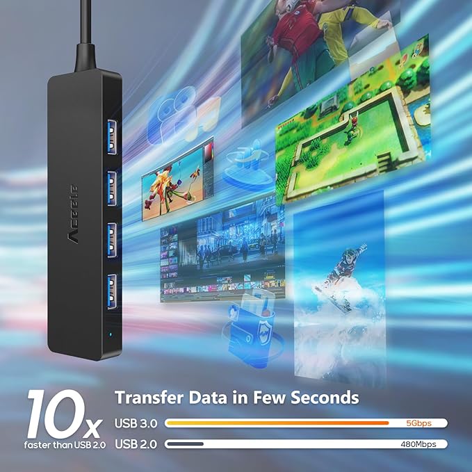 Aceele USB Hub 3.0 Splitter with 4ft Extension Long Cable Cord, 4-Port Ultra-Slim Multiport Expander with Type-C Power Port, USB Extender for Desktop, Computer, PC, Laptop, iMac, PS4 and More