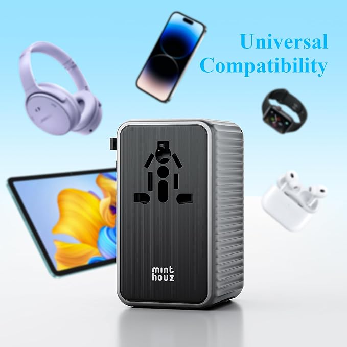 Minthouz Universal Travel Adapter, International 140W Power Adapter GaN PD Fast Charger with 3 USB-C PD & 1 USB-A Port, All-in-One Portable AC Worldwide Power Converter Plug for USA EU UK AUS and More