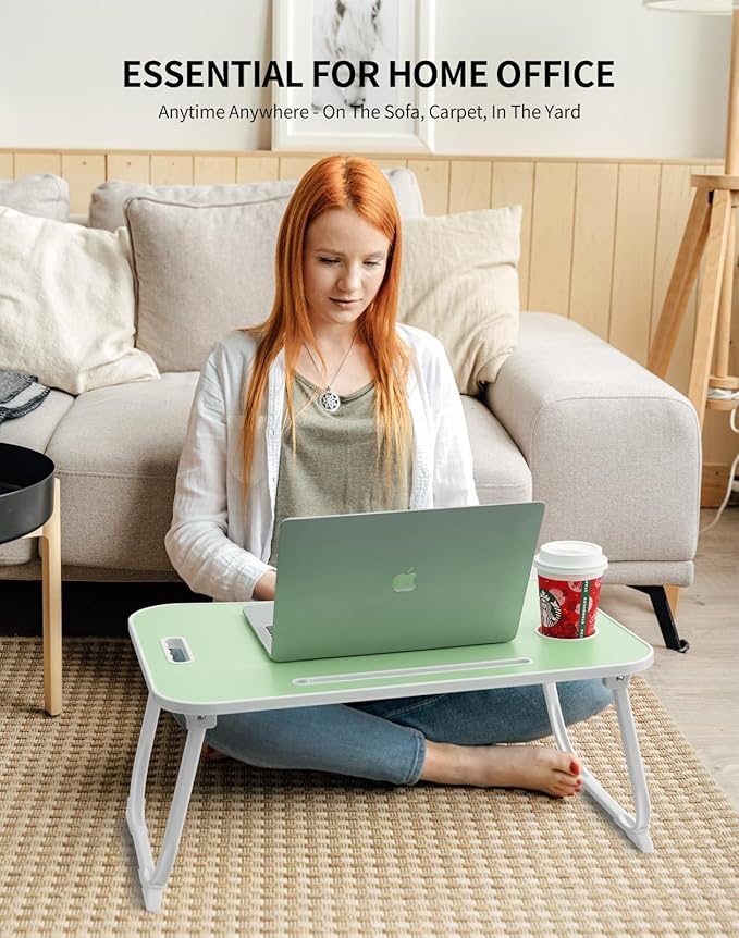 Laptop Bed Desk, Foldable Lap Table, Portable Study Table, Laptop Stand with Cup Holder & Tablet Slot & Lifting Handle for Working Writing Drawing & Eating - Green