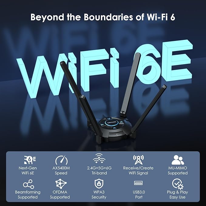 WAVLINK AX5400 USB WiFi Adapter for PC, WiFi 6 USB Adapter with Tri-Band 6GHz/2402Mbps, 5GHz/2402Mbps, 2.4GHz/573Mbps,4x5 dBi Antennas,OFDMA,WPA3, Only for Windows 11/10