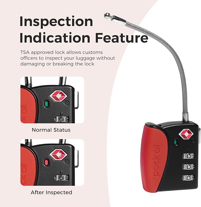 pack all TSA Approved Cable Luggage Locks, 3 Digit Combination Padlocks, Travel Lock for Suitcases & Bag, Alloy Body, Travel Accessories (4 Pack)（Red）