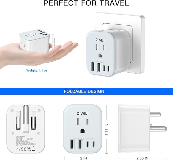 US to India Travel Plug Adapter, Foldable India Power Adapter with 4 USB(2 USB C Port) and 2 AC Outlets Charger, Type D Adaptor for US to India Bangladesh Maldives Pakistan Sri Lanka(1 Pack)