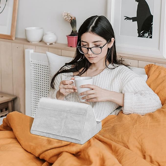 Soft Tablet Stand Pillow with Pocket,Adjustable 3 Viewing Angle,Lazy Holder for Bed Sofa,Compatible with iPads Tablets eReaders Smartphones Books Magazines (Dark Gray)