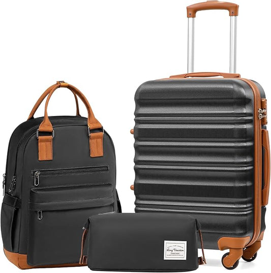 LONG VACATION Carry On Luggage Sets 3 Piece 20 Inch Suitcase Set, ABS+PC Hardshell Lightweight Travel Luggage with Spinner Wheels & YKK Zipper TSA Lock (20 INCH (BP/TB), BLACK-BROWN)