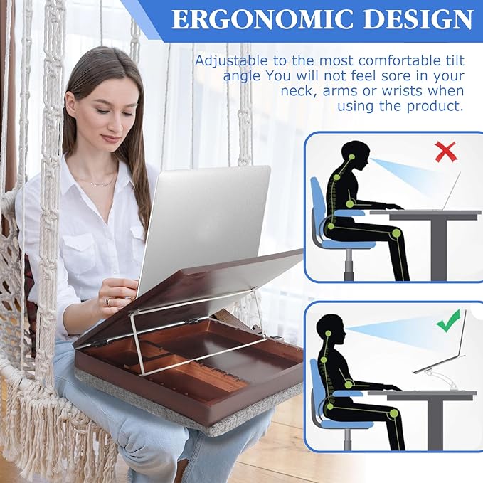 Wood Easel Lap Desk with Storage Schoolhouse Lap Desk with with Detachable Cushion Lap Tray with Cushion Laptop Table for Sofa Serving Tray Adjustable Laptop Stand for Bed for Home Office Schoolhouse
