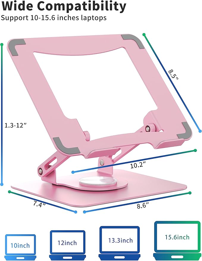 SOUNDANCE Laptop Stand with 360° Rotating Base, Ergonomic Computer Riser for Desk, Adjutable Height Muti-Angle, Foldable Laptop Mount, Stable Metal Holder Support 10-15.6" Notebook PC, Pink