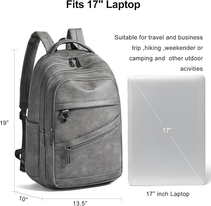43L Backpack for Women Men - Vegan Leather Backpack Purse Travel Carry-on Bag College Bookbag Work fits 17" Laptop,DimGray