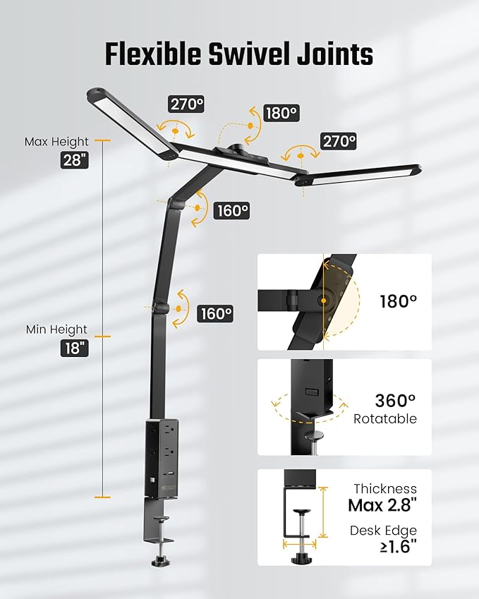 SUPERDANNY LED Desk Lamp with Power Strip (6 Outlets, 1 USB, 1 Type-C) for Home Office, Desk Light Computer Light with Clamp, Architect Desk Lamp with Smooth Dimming 5 Colors Touch & Wave Control