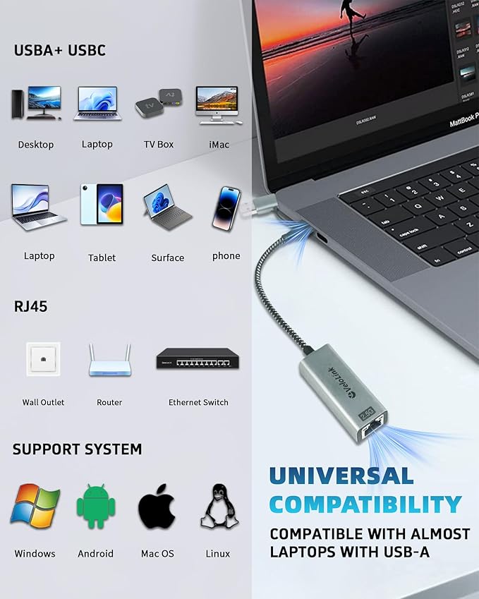 USB to Ethernet Adapter, 2.5Gbps USB C to RJ45 Gigabit LAN, 2-in-1 Ethernet Adapter for Laptop (Thunderbolt 4/3 Compatible), Aluminium Shell&Nylon Cable for Laptop, MacBook,Chromebook,PC and More