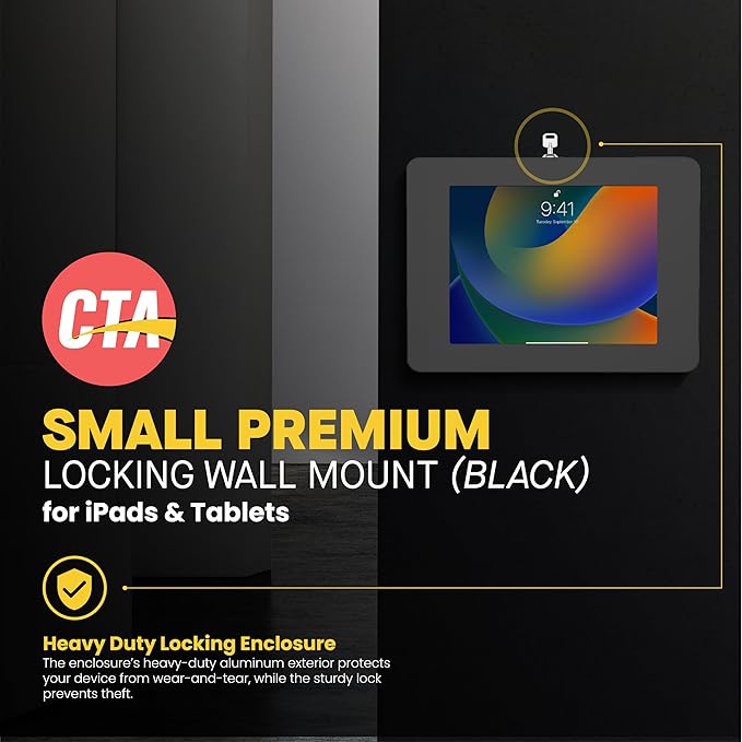 Locking iPad Wall Mount - CTA Anti-Theft Small Locking Tablet Enclosure w/ Key Lock & Interior Cable Routing for iPad Mini 1, 2, 3, 4, 5, 6, Samsung Tab A 8″, Lenovo Tab E8 - Black - (PAD-PSWB)