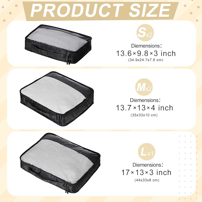 5 Pcs Packing Cubes for Suitcase Large Travel Cubes Carry on Luggage Organizer Bags for Clothes Accessories(Mixed,Black)