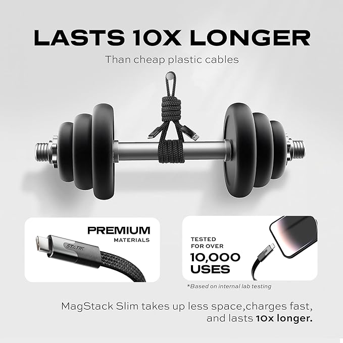 Statik MagStack USB to USB C Cable, Magnetic Anti Tangle Flat A to Type C Charger Fast Charging Cord, Magnetic Charging Cable, Compatible with iPhone 16 Pro Max, 15, Galaxy S24 Ultra, 27W 6FT/2M