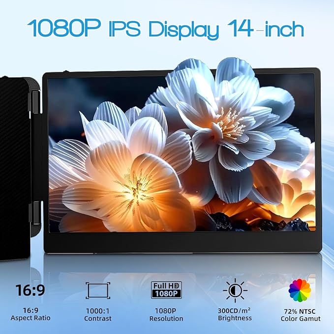 Laptop Screen Extender - 14" FHD 1080P IPS HDMI/USB-A/Type-C Portable Monitor for Laptop 13-17”Plug and Play for MacBook,Windows,Chrome,Switch