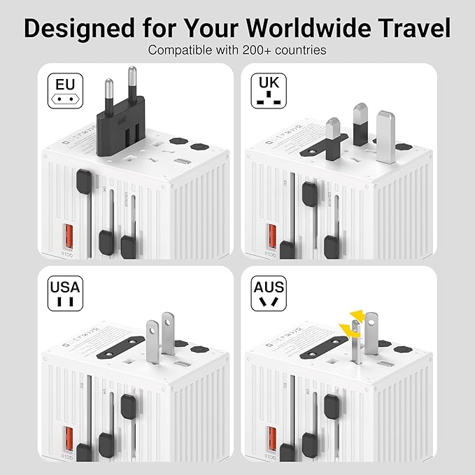 EZQuest WorldTravel 65W GaN 5-Port Wall Charger - Compact Universal Travel Adapter with 4 Plug Types (US/UK/EU/AU) for 200+ Countries - 4X USB-C & 1x USB-A Ports, PD Fast Charging - White