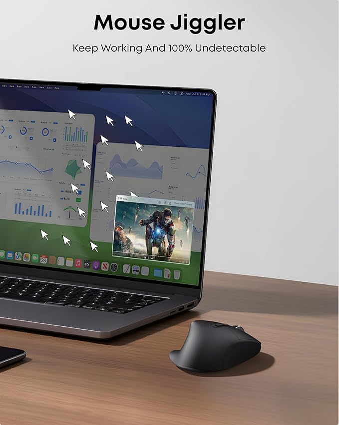 Ergonomic Rechargeable Mouse with Jiggler, Bluetooth+2.4G Wireless+Wired(3 in 1) Connection, Max 4800DPI, Rapid Fire Key, 5ft Charging Cable, Carpal Tunnel Silent Mice with LED for Office,Gaming