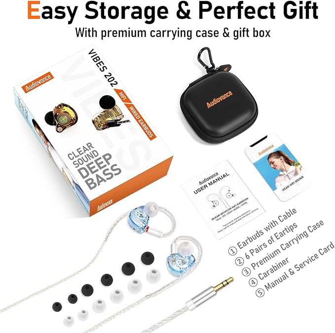 Vibes 202 Wired Earbuds - HiFi in Ear Monitor Headphones – Professional Noise-Isolating Ear Buds - Clear Sound, Deep Bass & Comfort-Fit IEM Earphones - MMCX to 3.5mm, Silver Plated Cord, Carrying Case