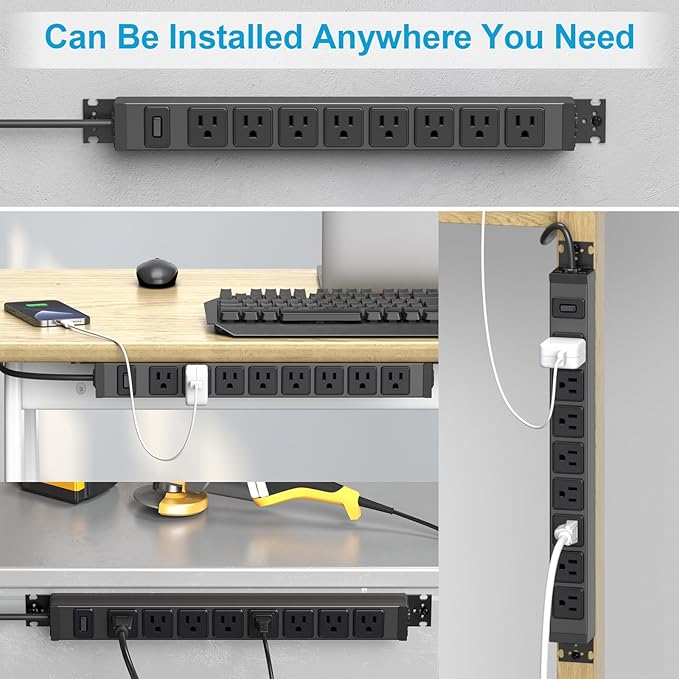 HHSOET 2 Pack Metal 360° Rotating Mountable Power Strip 8 Outlet Gaming Table Mounted Outlet Strip Heavy Duty Wall Mount Surge Protector with Switch 15A 125V 1875W 6ft Power Cord.