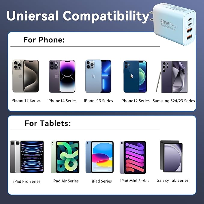 USB C Wall Fast Charger Block, 40W 4-Port Type C Chargers Fast Charging Blocks for Phone 17/16/15/14/13/12 Pro Max, Pad, Galaxy S24/23-2Pack Gradient Blue