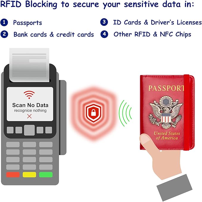 TOURSUIT Rfid Blocking Passport Holder for Women Men, Leather Passport Travel Wallet with Metal 3D Metal Badge, Travel Document Holder Cover Accessories (Red)