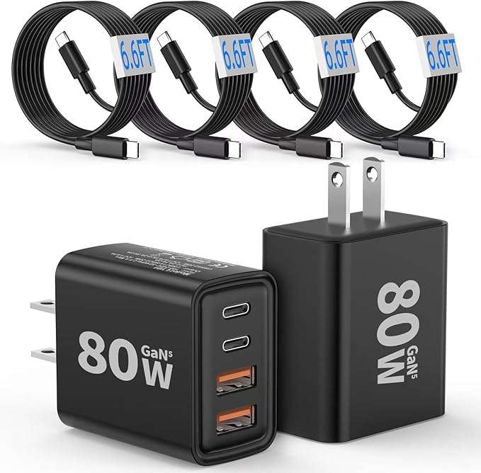 [2-Pack] USB C Wall Charger,80W 4-Port Type C Fast Charging Block,USBC Multiport Wall Plug PD&QC GaN Charging Cube with USB C Cable for iPhone 17/16/15/14/13/12/11/Pro Max/XS/XR, iPad, Samsung（Black