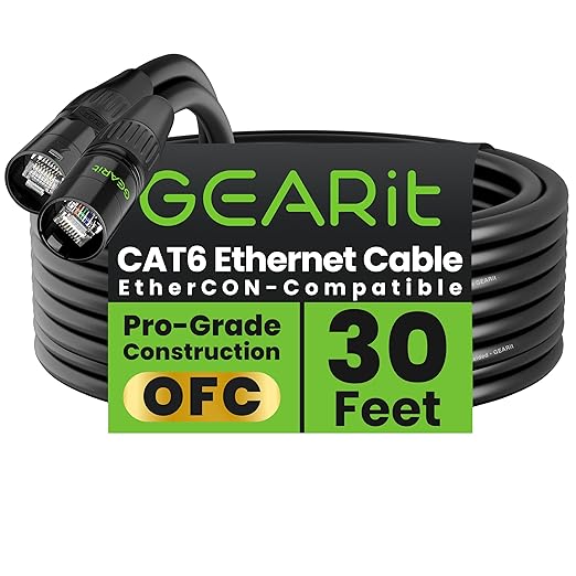 GEARit Shielded CAT6 Ethercon Cable (30 Feet) Professional Audio & Lighting RJ45 EtherCON-Compatible Cable for Studio, Stage, Concerts - 30ft Black