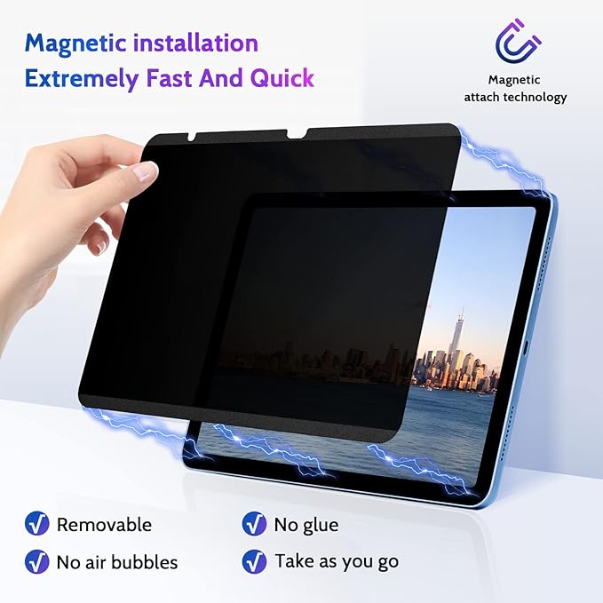 Magnetic Privacy Screen Protector for iPad 10th 2022 10.9" & iPad 11th A16 2025 11", Removable Anti Blue Light Glare Spy Private Filter, High Sensitive Bubble-Free Black Security Screen