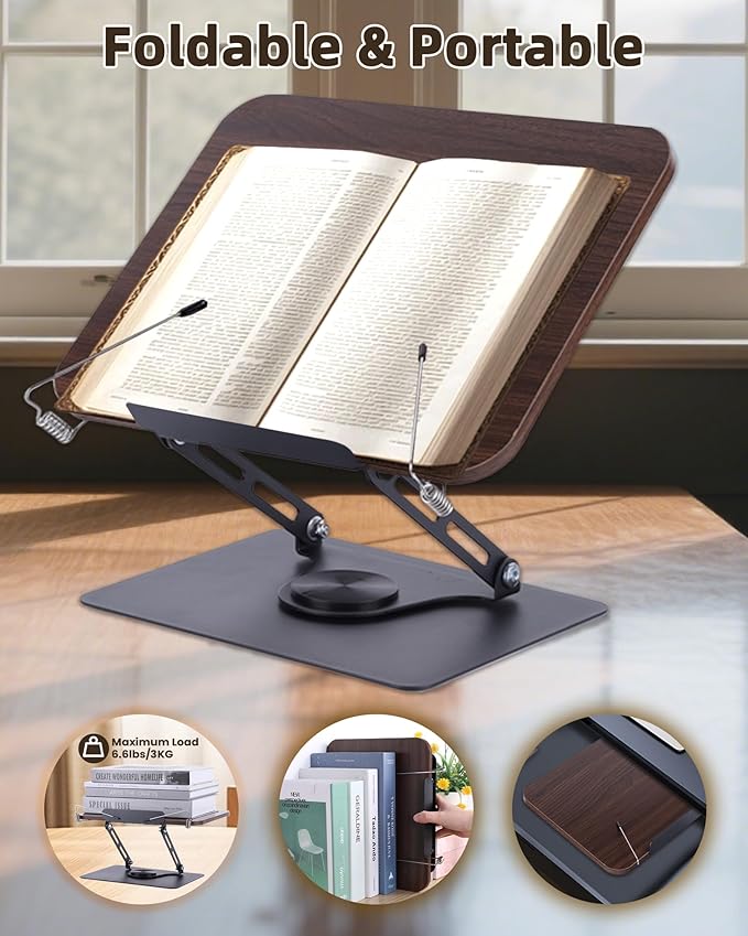 ASIEIT Book Stand for Reading, Adjustable Book Holder with 360° Rotating Bases & Elastic Page Clips, Foldable Bible Stand, Portable Reading Stand for Bible, Recipe, Magazine, Tablets, Laptops, Brown