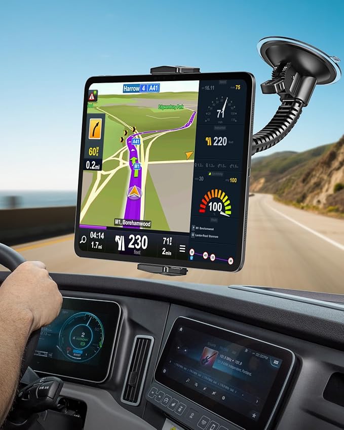 APPS2Car Truck Tablet Holder with Heavy-Duty 4.33" Large Suction Cup, 8-Level Non-Sticky Vacuum Suction Power, Ultra Stable Double-Rib Adjustable Arm, Tablet Car Mount for iPad Pro Air Mini Samsung