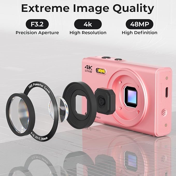 Digital Camera, FHD 4K 44MP Autofocus Point and Shoot Camera with 2.4" LCD 16X Zoom Portable Compact Cheap Camera for Teens Boys Girls Kids Adults (Pink)