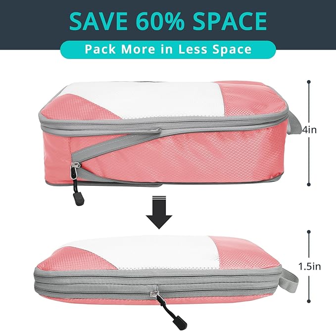 9 Set Compression Packing Cubes for Travel - Compressible, Lightweight, and Space-Saving Packing Cubes, Travel Essentials for Women, Pink