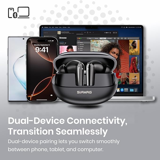 Wireless Earbuds Bluetooth 5.4 Light Weight in Ear Earphones 10mm Drivers with Powerful Bass IPX5 Waterproof Headphones 60H Long Playtime Bluetooth Headphones ANC ENC Noise Cancelling Black