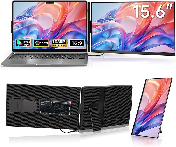 Laptop Screen Extender Dual Monitor - 15.6" Portable Monitor 85% NTSC IPS 1080P FHD Detachable Screen Extended Extra USB-C/HDMI Port Compatible with Wins Mac Dex Chrome Fits 13"-17" Laptops
