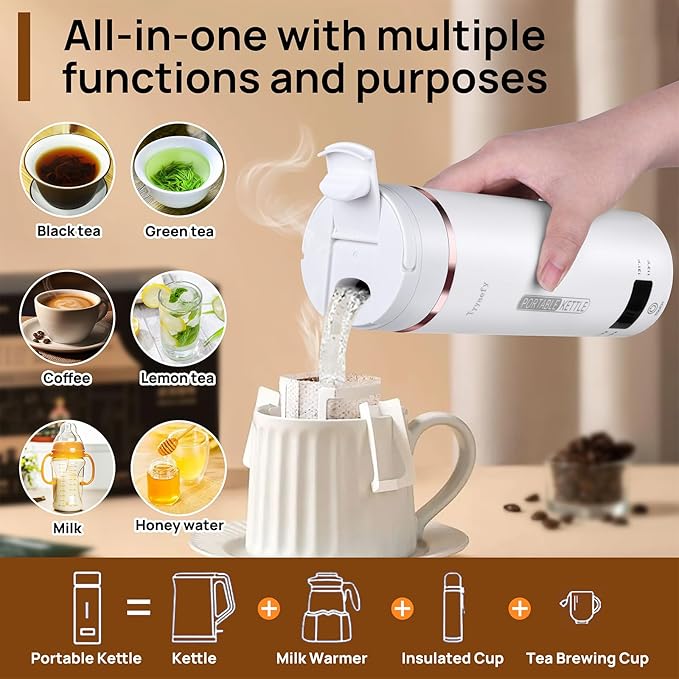 Portable Electric Kettle with Drinking Spout, Plug-in with Travel Bag, 450mL 304 Stainless Steel, 4 Preset Temp, Rapid Boiling – Home/Office/Hotel/Caravan/Dorm/Business Trip
