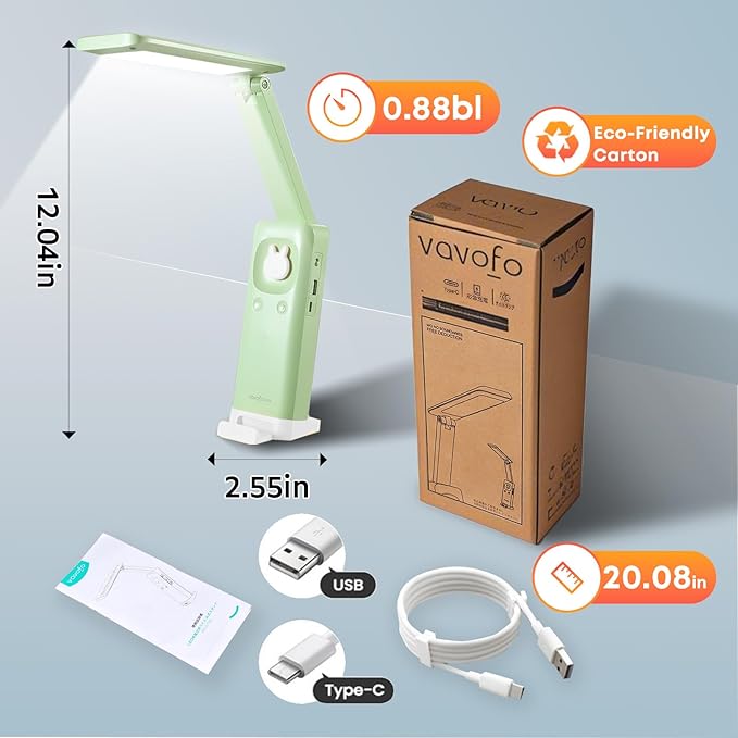 VAVOFO Cordless Desk Lamp, 6000mAh Battery Powered Desk Lamp, Foldable Desk Lamps, Three Color Temperatures, USB C Rechargeable, Ideal Cute Desk Accessory for Students and Home Offices