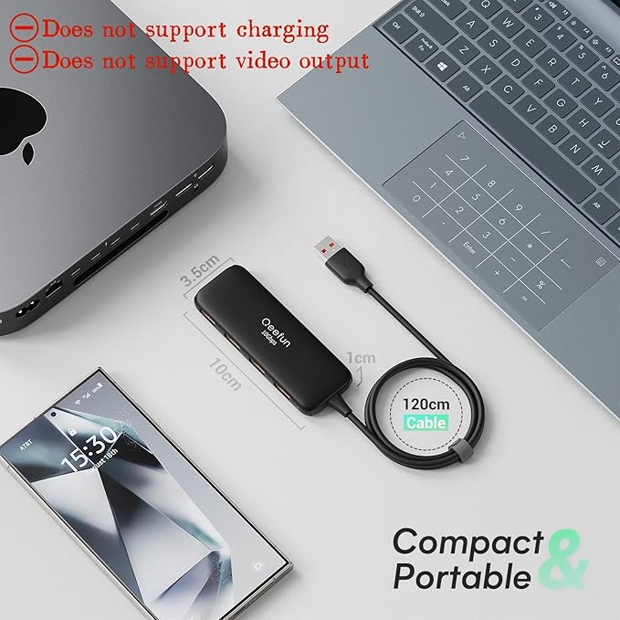 Qeefun 10Gbps USB 3.2 Hub with 4 USB A Data Ports, USB 3.2 Gen 2 Splitter, 4ft Extended Long Cable and Type-C Power Port, USB multiport Adapter for pc, Laptop, iMac, Mac mini, Dell XPS and More