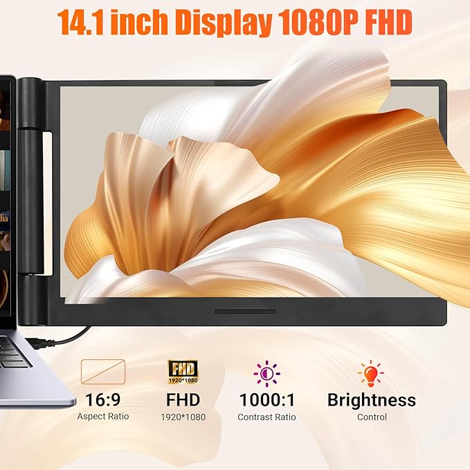 Laptop Screen Extender 14 inch Laptop Monitor Extender 1080P IPS, 280° Rotation Portable Monitor for Laptops 13-17.3" with USB-C DP/HDMI Port, Plug-Play Dual Screen for Windows/Mac/Chrome/Android