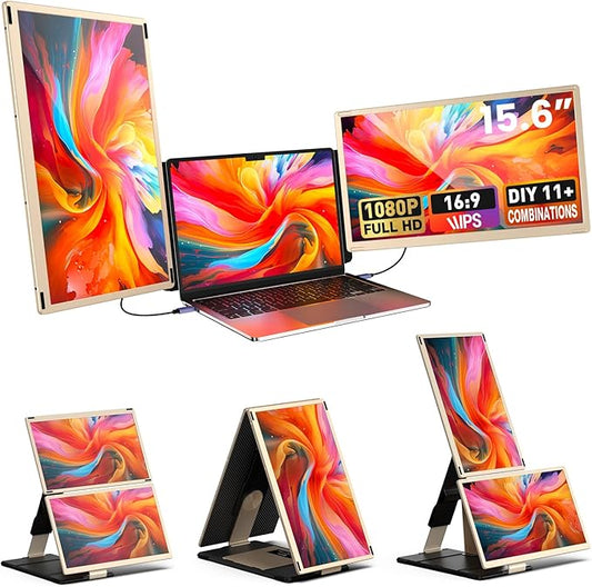 Laptop Extender 15.6-inch, 1080P FHD Portable Monitor with 120% sRGB, 235Rotation Detachable Screen, Plug & Play, Triple Screen Laptop Monitor Extender Compatible with Windows, Mac, Chrome