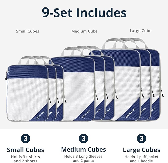 9 Set Compression Packing Cubes for Travel - Compressible, Lightweight, and Space-Saving Packing Cubes, Travel Essentials for Women, Navy