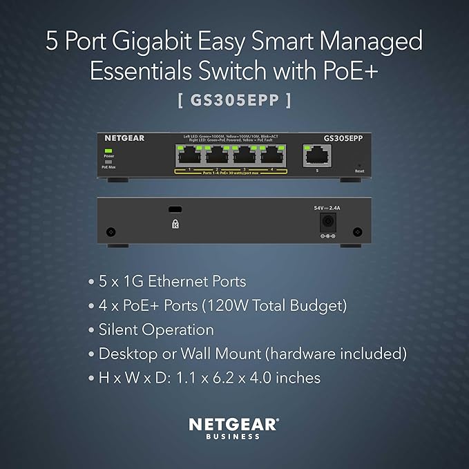 NETGEAR 5 Port PoE Gigabit Ethernet Easy Smart Managed Essentials Switch (GS305EPP) - with 4 x PoE+ @ 120W, Desktop or Wall Mount