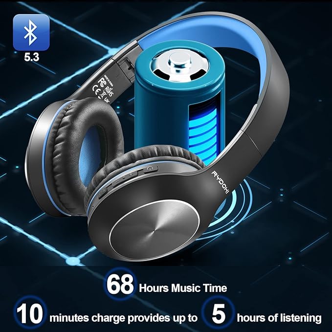 Bluetooth Headphones Over Ear, 68H Playtime 3 EQ Music Modes Wireless Headphones with Microphone/Deep Bass, Foldable Lightweight Headset for PC Home Travel Office(Black Blue)