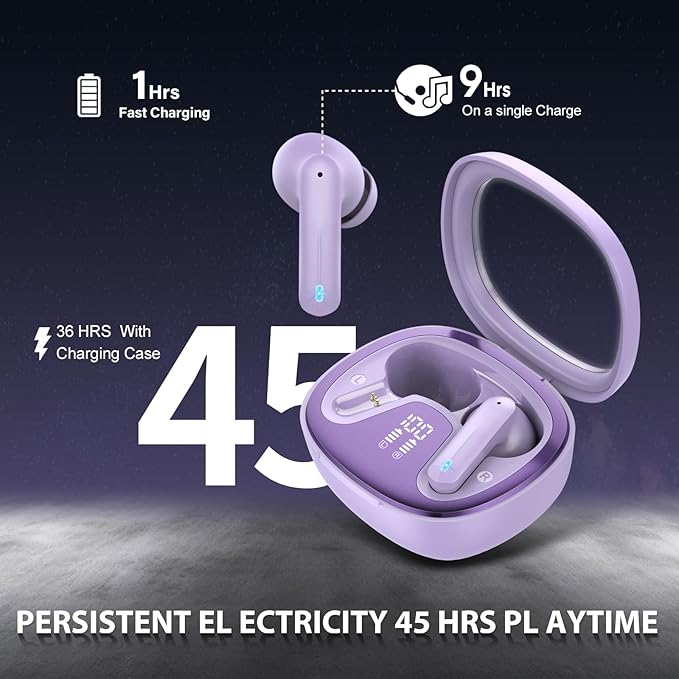 Wireless Earbuds, Bluetooth 5.4 Headphones, HiFi Stereo Bass Ear Buds, in Ear Earbuds with 4 ENC Noise Cancelling Mic, 45H, LED Display, IP7 Waterproof, Earphones for Phone Android/iOS Sports, Purple