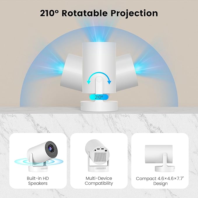 Mini Projector with WiFi and Bluetooth, Smart Portable Projector with 4K Support, 5w Sound Base Speaker, 260 ANSI, 210° Rotation, Auto Keystone Correction for Home Bedroom Outdoor, HY300 Plus