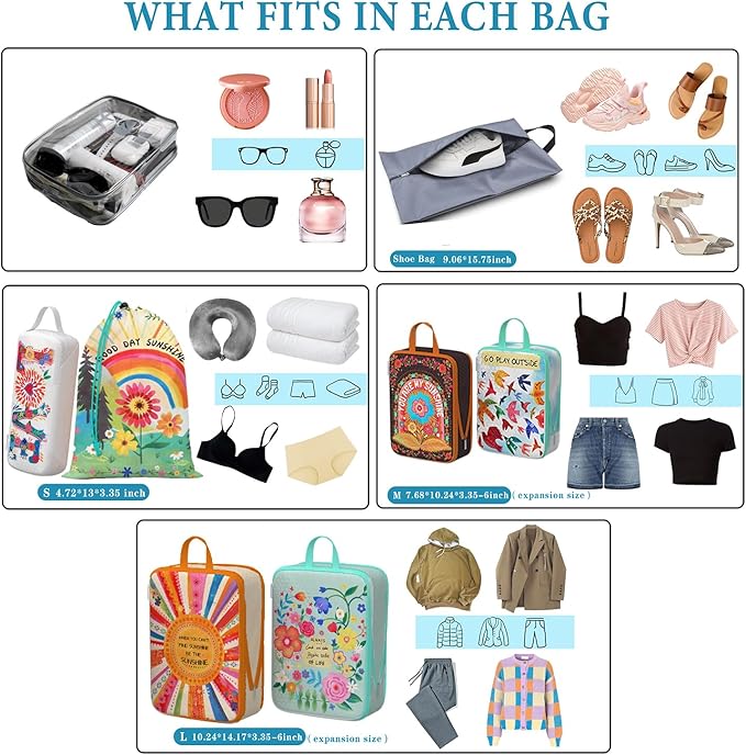 Compression Packing Cubes for Travel, 8 Set Natural Life Luggage Organizers, Waterproof Expandable/Compression Bags Bohemia Travel Packing Cubes with Clear Toiletry Bag and Shoe Bag