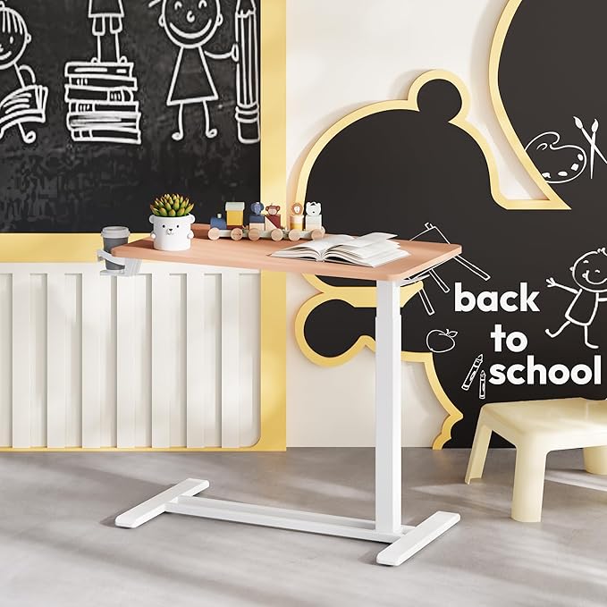 SANODESK Medical Adjustable Overbed Bedside Table with Hidden Casters, Pneumatic Mobile Laptop Computer Standing Desk Cart with Tray, Hospital and Home Use(31.5" W x 17.7" D, Pink)